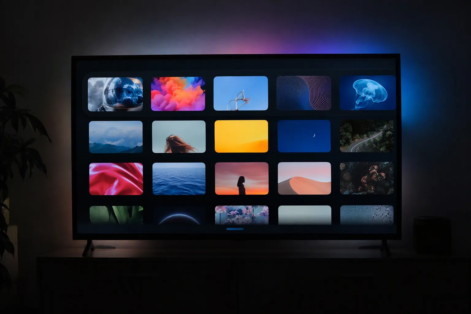 Televisor mostrando la app de Lowi TV en una sala de estar
