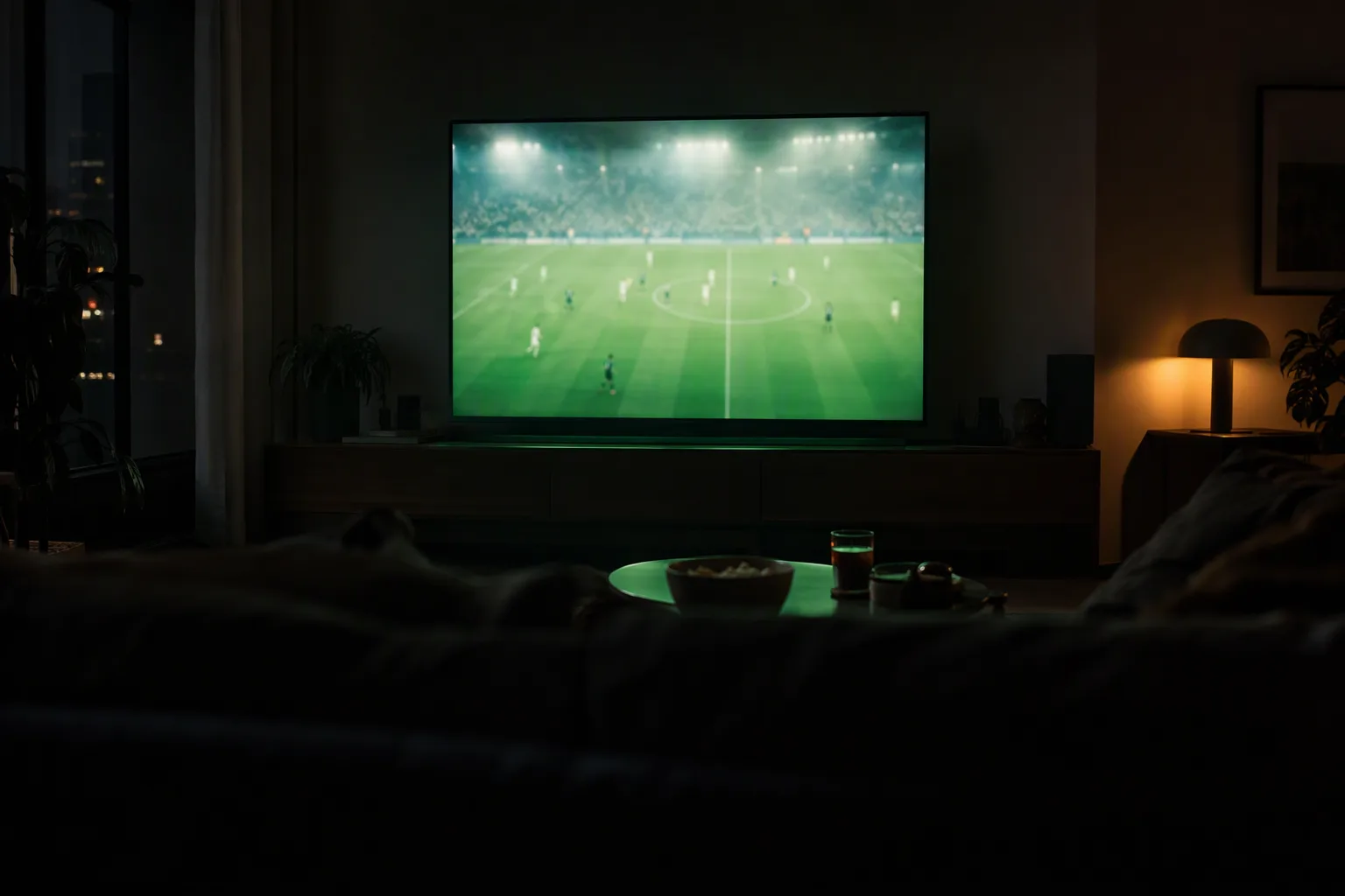 Televisor en una sala oscura con un partido en pantalla