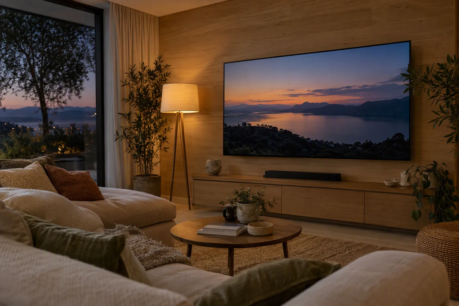 Sala de estar con un televisor encendido al atardecer