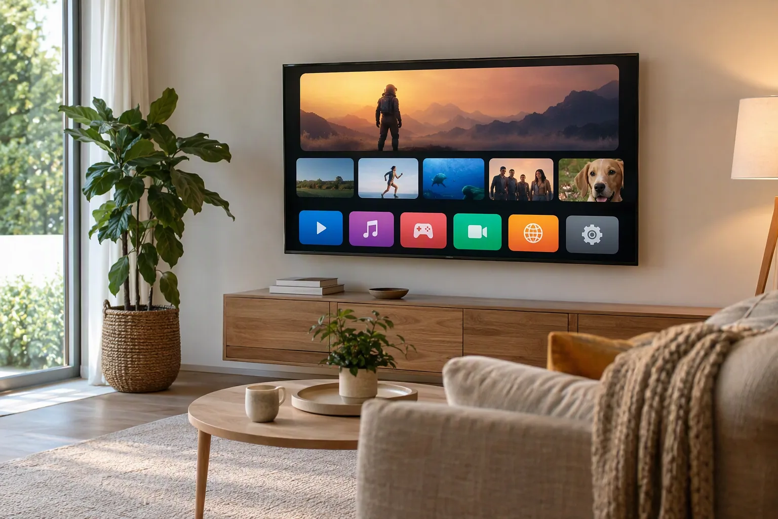 Televisor de sala de estar mostrando aplicaciones de streaming