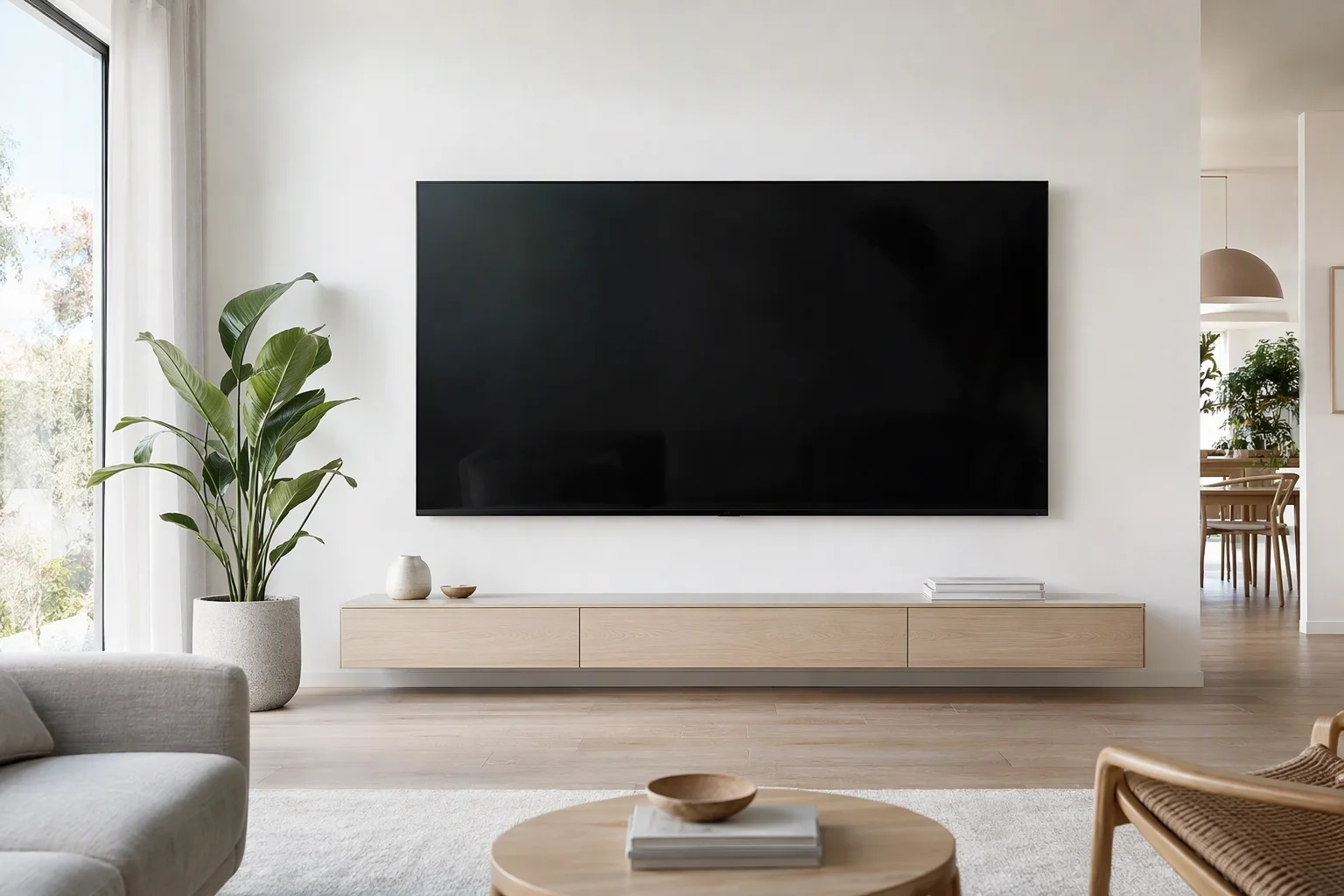 Televisor de pantalla grande en una sala minimalista